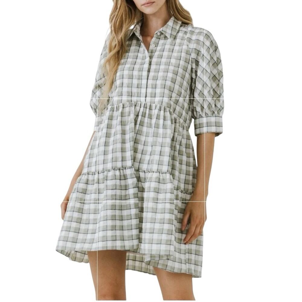English Factory Check Babydoll Shirtdress Womens Dress Size L Green White
